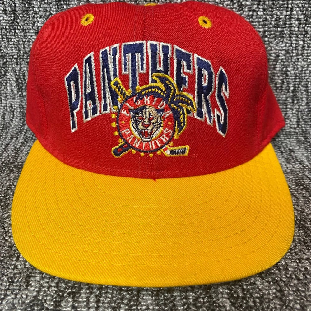 VTG Florida Panthers ANNCO Double Logo Fitted Hat 7 3/8 USA Made NHL Cap Red